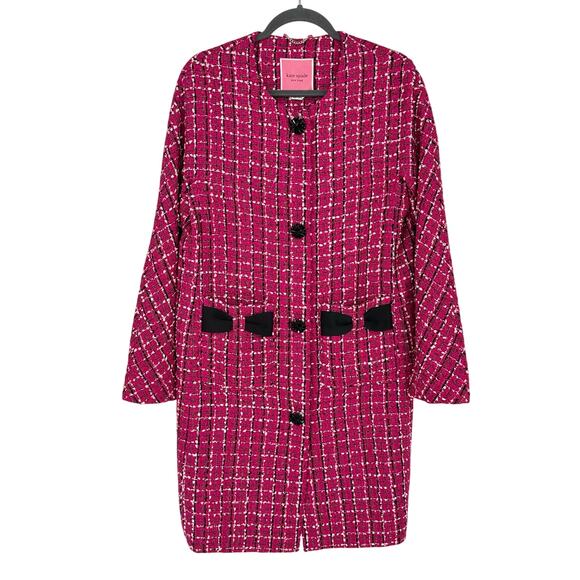 Kate Spade Womens Festive Tweed Coat Womens M Pink Black Bow Accent Twee Fairy - Picture 1 of 14